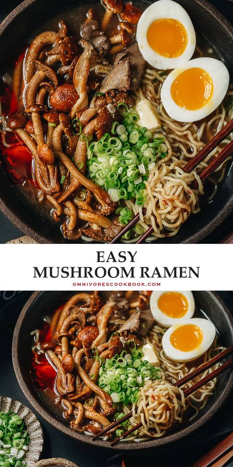 A fast and easy mushroom ramen that has a rich tasting broth and scrumptious toppings. It is a perfect one-pot meal that is hearty, satisfying, and nutritious! {Vegetarian} Mushroom Ramen Noodle Recipes, Mushroom Broth Recipe, Fast Ramen Recipes, Asian Mushroom Soup, One Pot Ramen, Mushroom Ramen Soup, Vegetarian Potluck Recipes, Ramen Vegetarian, Asian Mushrooms