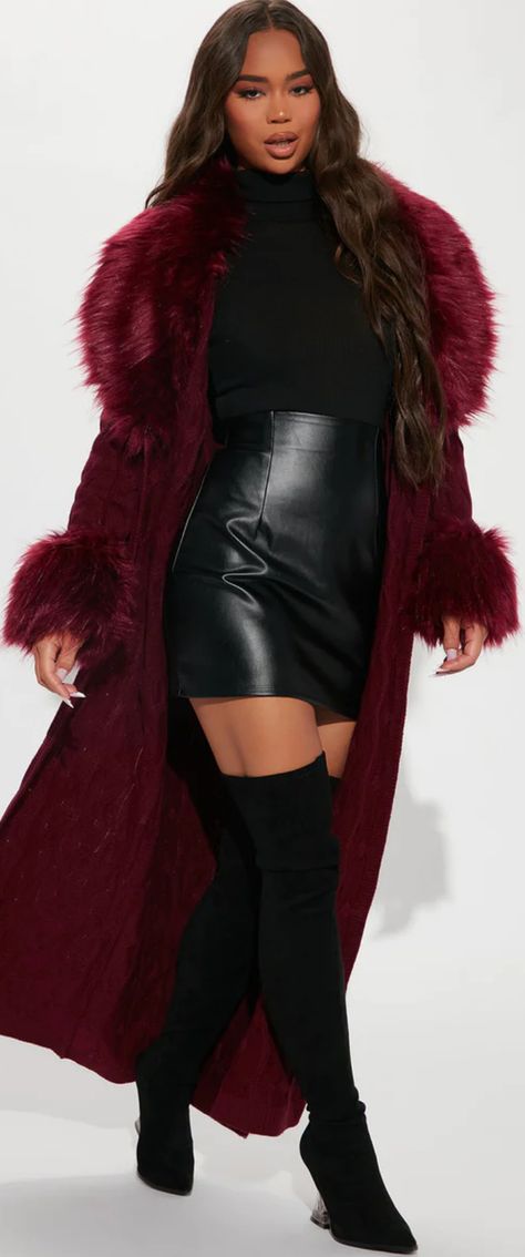 Burgundy Boots Outfit Fall, Burgundy Fur Coat, Burgundy Boots Outfit, Knit Duster, Fall Boots Outfit, Burgundy Cardigan, Fur Trim Coat, Fur Cardigan, Faux Fur Sweater