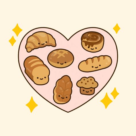 Kawaii bakery friends carbs friends croissant bread baguette bun bao bun bakery carbohydrates cinnamon bun Kawaii Bakery Aesthetic, Kawaii Bread Drawing, Cinnamon Bun Illustration, Carbohydrates Drawing, Cute Bakery Drawing, Baguette Drawing, Baguette Illustration, Draw So Cute Food, Bread Doodle