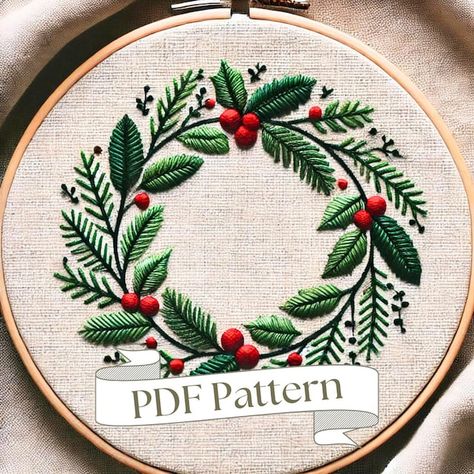 TheUnraveledThreads - Etsy Scandinavian Embroidery Patterns Free, Christmas Embroidery Patterns Free, Free Christmas Embroidery Patterns, Wreath Embroidery Pattern, Valentines Day Embroidery, Embroidery Ornament, Christmas Hand Embroidery, Scandinavian Embroidery, Christmas Fabric Crafts