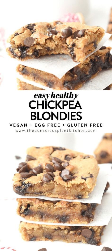 FLOURLESS CHICKPEA BLONDIES Healthy + Vegan with nut free option! #vegan #healthy #chickpeablondies #peanutbutter #easy #eggless #flourless #blondies #veganbaking #vegandessert #healthyvegandesserts #chocolatechips #nutfree #chickpea #veganbrownies Blondies Healthy, Chickpea Blondies, Vegan Blondies, Blondie Bars, Protein Dessert, Healthy Vegan Desserts, Blondies Recipe, Protein Desserts, Vegan Healthy