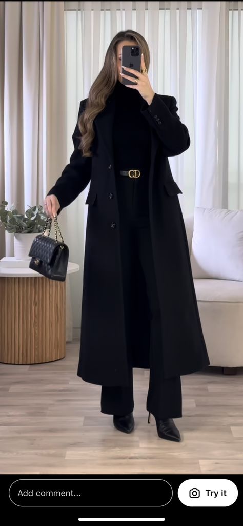 Black Tie Belt Coat Outfit, Black Winter Outfits Casual, Winter Black Outfits Classy, Women Edgy Outfits, Black Palazzo Pants Outfit Winter, Winter Work Conference Outfit, Black In Black Outfits, How To Style A Black Coat, Long Black Coat Outfit Winter Classy