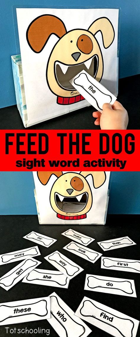 FREE sight word recognition activity for kids to read sight words while feeding bones to the dog. Fun and motivational literacy game for pre-k, kindergarten and first grade kids. Sight Word Activity, Literacy Activities Preschool, Literacy Activities Kindergarten, Literacy Worksheets, Dog Fun, Literacy Games, Word Recognition, Sight Word Activities, Word Activities