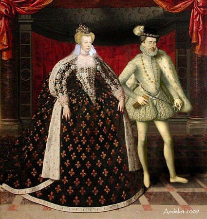 Wedding Anniversary of Marguerite & Henri IV 4/11/1572 - Marguerite de Valois - (1553-1615) Queen of France & of Navarre during the late 16th century. Daughter of King Henry II of France & Catherine de' Medici. A royal princess of France by birth, & the last of the House of Valois. She was famous for her beauty & style - she was 1 of the most fashionable women of her time, influencing Europe's Royal Courts. Notable for her own scandalous behavior & revealing that of others. Marie De Medici, Queen Of France, Elizabethan Fashion, Catherine De Medici, French Royalty, Queen Of, French History, Historical Costume, Historical Dresses