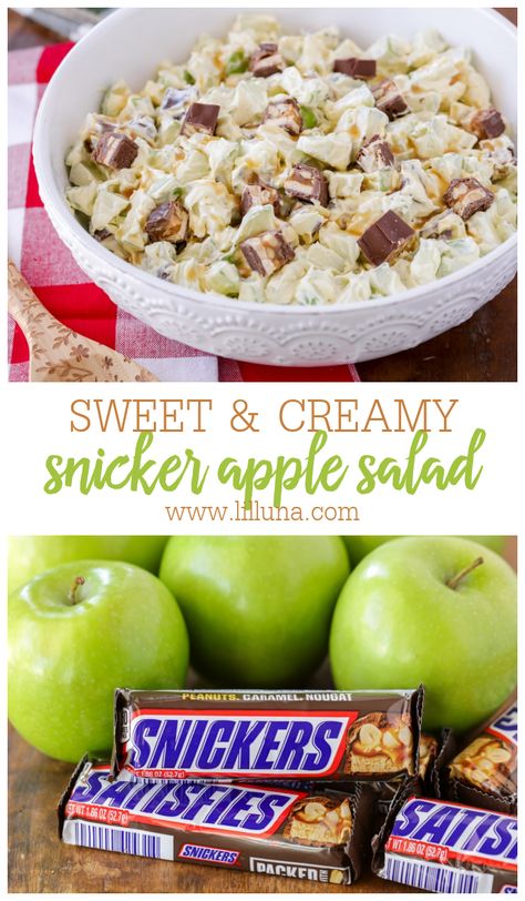 Snicker Apple Salad is a sweet treat, filled with texture and flavor! Bright pops of apple perfectly complement chewy chunks of Snickers. #snickerapplesalad #snickerssalad #apples #snickers #desserts