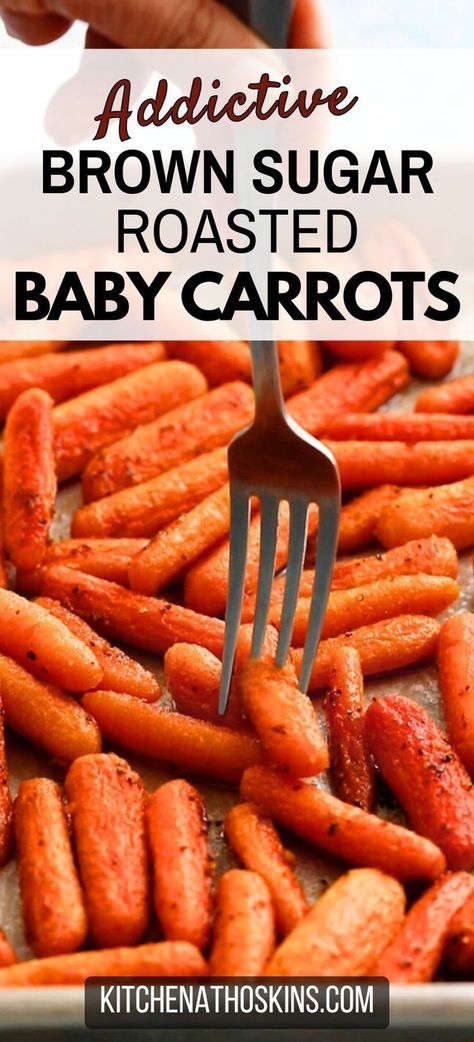 Learn how to make easy oven roasted baby carrots that is sweet with a brown sugar glaze. If you have ever wondered how to cook baby carrots, then this easy carrot side dish will satisfy even the picky eaters at the dinner table and is also elegant to serve as a Thanksgiving side dish. Get the brown sugar roasted baby carrots recipe at kitchenathoskins.com. Mini Carrots Recipes, Sweet Baby Carrots Brown Sugar, Baked Brown Sugar Carrots, Oven Roasted Baby Carrots, Brandied Carrots, Glazed Baby Carrots Stove Top, Roasted Carrots Brown Sugar, Roasted Baby Carrots Oven, Baked Carrots Brown Sugar