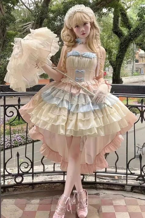 Process Time: Could be shipped out in 30 days. Fabric: Polyester Color: Blue/Pink/Apricot Feature: Multi-layer, Ruffle, Bowknot Style: Sweet, Princess Clothing Type: Dress Include: Dress*1 (Any of the accessory is not included.) Size (IN) Bust Waist Length S 31.50-35.43 25.20-28.35 31.50 M 33.07-37.01 26.77-29.92 32.09 Different Kinds Of Dresses Style, Pink Layered Outfit, Pastelcore Outfits, Pink And Blue Outfit, Pose Inspo Aesthetic, Princess Poses, Fluffy Dresses, Layered Dresses, Princess Clothing