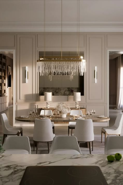 sophisticated dining room with a wood dining table and cream dining chairs Classical Interior Design, Room Design Luxury, Dining Room Design Luxury, Modern Appartement, Almirah Designs, Classical Interior, Classic Dining Room, Neoclassical Interior, Dinning Room Design