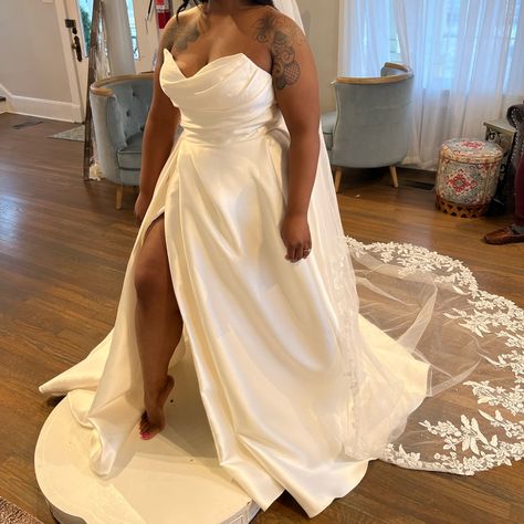 Beautiful Brand New Unaltered Wedding Dress. Tags Still Attached. Never Worn, No Alterations, Bridal Bag Included. Ivory. Mikado Fabric. No Stains. Cowl Neck Wedding Dress Plus Size, Ethereal Wedding Dress Black Woman, Wedding Sheath Dress, Black Brides Wedding Dresses, Classy Plus Size Wedding Dress, Wedding Dresses Clean, Plus Size White Wedding Dress, Wedding Dresses With Split, Wedding Dress For Big Stomach