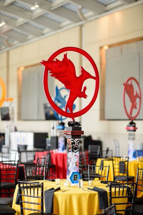 red Formal Party Decor, Indian Wedding Games, Hunger Games Theme, Hunger Games Party, Banquet Decor, Games Wedding, Hunger Games Mockingjay, Games Party, Chicago Wedding Venues