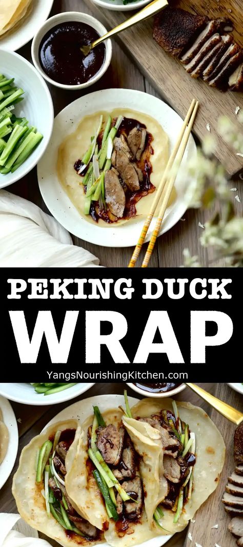 Chinese Duck Recipes, Whole Duck Recipes Asian, Duck Pancakes Recipe, Peking Duck Wraps, Shredded Duck Recipes, Hoisin Duck Wrap, Peking Duck Sauce, Chinese Duck Recipe, Roast Duck Recipes Chinese