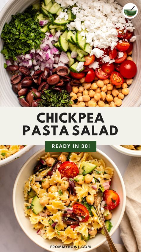 This Chickpea Pasta Salad is filled with vibrant Mediterranean flavors including fresh tomatoes, herbs, briny kalamata olives, and creamy chickpeas. Mediterranean Chickpea Pasta Salad, Chickpea Pasta Salad Recipes, Chickpea Pasta Salad, Artichoke Pasta Salad, Vegetarian Main Meals, Arugula Pasta, Mediterranean Chickpea, Mediterranean Pasta Salads, Vegan Pasta Salad