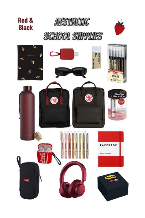 School Supplies Y2k, School Items Aesthetic, Red School Supplies Aesthetic, Aesthetic School Supplies Themes, Downtown Girl School Supplies, Red School Aesthetic, Y2k School Supplies, Red School Supplies, Black School Supplies