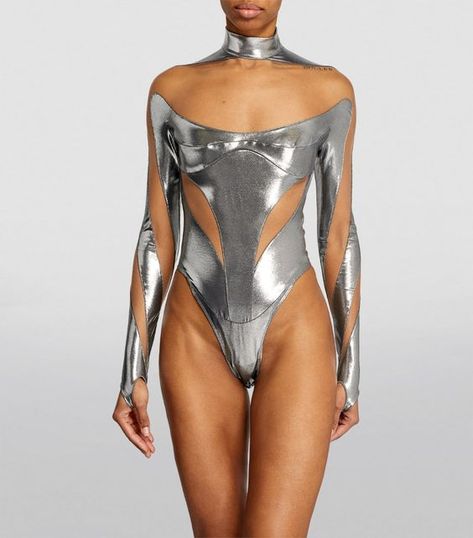 bodysuit, bodysuit photoshoot ideas, bodysuit outfit ideas, bodysuit tattoo, bodysuit outfit black women club, bodysuit outfit black women birthday Purple Futuristic Outfit, Silver Futuristic Fashion, Bodysuit Concept Art, Chrome Bodysuit, Mugler Outfit, Starfield Aesthetic, Mugler Bodysuit, Chrome Fashion, 2024 Costumes