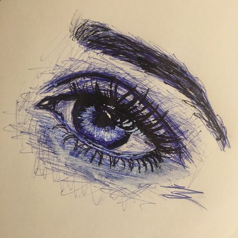 I used while gel pen a blue pen and a black pen to get this! Pen Notebook Drawing, Blue Pen Eye Drawing, Biro Pen Eye Drawing, Black And Blue Pen Drawing, Sketch Ideas With Pen, Random Pen Sketches, Drawings On Skin Pen, Drawing With Gel Pens, Black Gel Pen Drawings