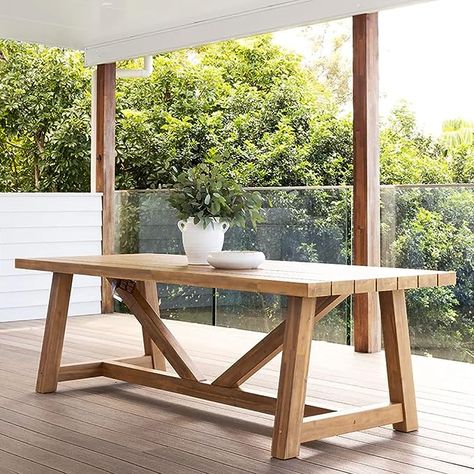 This Watson Acacia Outdoor 2.5m Dining Set with Collaroy Chairs luxurious appearance instantly adds a sense of style to any outdoor dining scene. Perfect for hosting gatherings, this setting promises to stand the test of time. The Watson table exudes timeless sophistication and effortless style, crafted from weather-resistant acacia hardwood prized for its strength and resistance. Outdoor Table For 12, Outdoor Wood Table, Small Patio Furniture, Aluminium Outdoor Furniture, Diy Outdoor Table, Wood Table Design, Hardwood Table, Gallery Furniture, Teak Outdoor Furniture