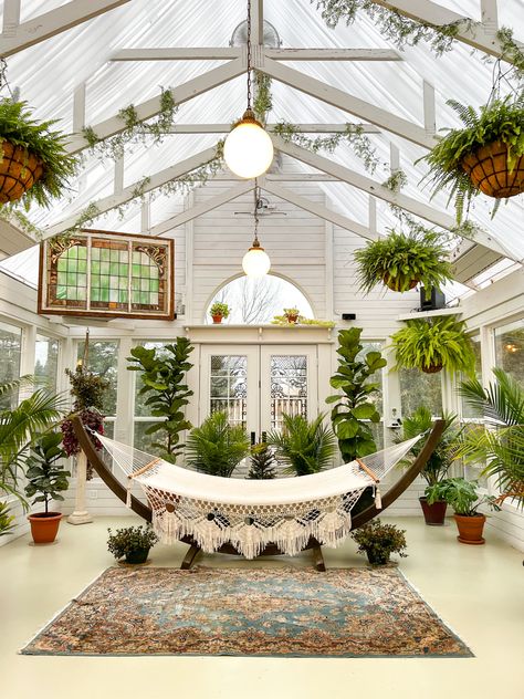 Plant Filled Conservatory, Greenhouse Airbnb, Sculpture Diy Easy, Victorian Greenhouse Conservatory, Garden Sculpture Diy, Greenhouse Library, Greenhouse Cottage, White Greenhouse, Greenhouse Lighting