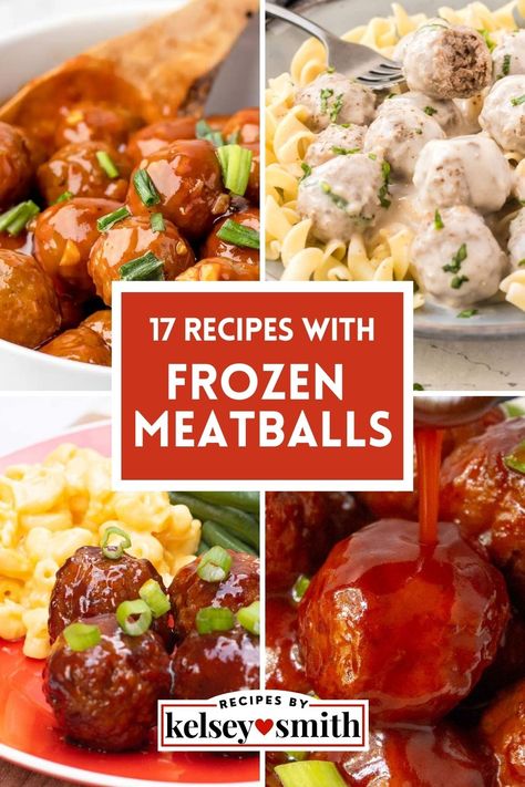 Honey sriracha meatballs, creamy garlic meatballs, BBQ meatballs, and grape jelly meatballs Meatball Recipes Dinner Meals, Quick Crockpot Meatballs, Air Fryer Frozen Meatballs Recipe, Recipes That Include Meatballs, Freezer Meals Meatballs, Home Style Meatball Recipes, Recipes Using Turkey Meatballs, Frozen Turkey Meatballs Easy Dinners, Recipes For Italian Meatballs