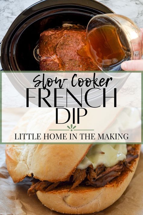 Succulent, juicy french dip sandwiches are made in the crockpot for maximum flavor and for an easy dinner recipe. One of the BEST beef roast crockpot recipes, this slow cooker recipe is perfect for setting in the morning and coming home to at night. Shredded beef with a homemade au jus makes for a delicious summer crockpot meal. Top it with provolone cheese for an ultimate french dip sandwich experience. Crockpot French Dip Sandwiches, Crockpot French Dip, French Dip Recipe, French Dip Sandwich Crockpot, Roast Beef Crock Pot Recipes, French Dip Recipes, Crockpot Roast Recipes, French Dip Sandwiches, Dip Sandwiches