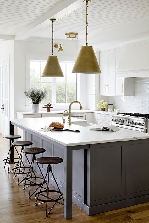 Dark grey island Dark grey kitchen island with honed white marble industrial backless counterstools brass cone pendant light and ceiling with tongue and groove paneling #kitchen #kitchenisland #darkgreykitchenisland #greyisland Kitchen Ceiling Design, Dark Grey Kitchen, Grey Kitchen Island, Farmhouse Kitchen Island, Kitchen Cabinet Styles, Kitchen Ceiling, Ideas Hogar, Kitchen Cabinets Makeover, Grey Kitchen Cabinets