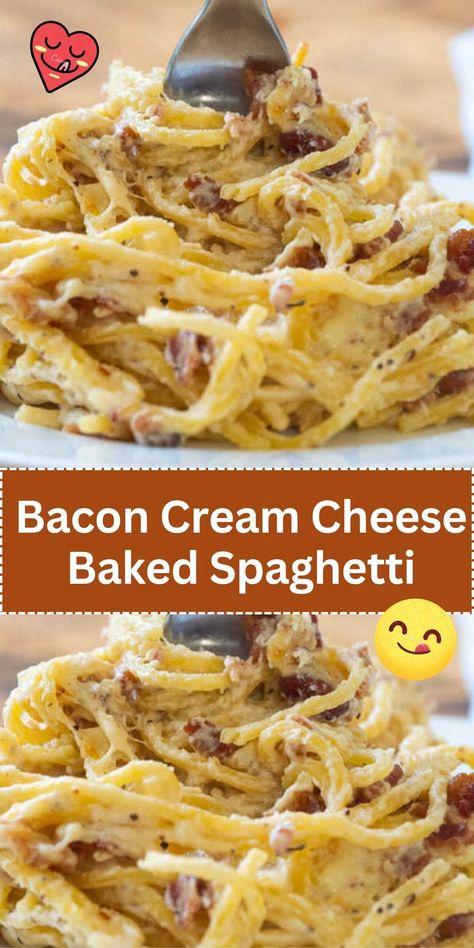 Elevate your spaghetti with this Bacon Cream Cheese Baked Spaghetti. A creamy, savory twist that's bound to become a new favorite. Cheese Baked Spaghetti, Cream Of Bacon Soup, Cream Cheese Spaghetti, Baked Cream Cheese Spaghetti, Cream Cheese Pasta, Baked Spaghetti Recipe, Bacon Soup, Cheese Baked, Cheese Spaghetti