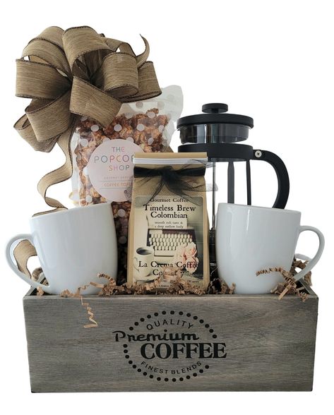 Coffee break gift basket - Sun Valley Baskets & Gifts Company Gift Baskets, Coffee Box Gift Ideas, Wooden Crate Gift Basket Ideas, Coffee Basket Ideas, Coffee Gift Basket Ideas, Client Gift Baskets, Lebaran Hampers, Coffee Lover Gifts Basket, Coffee Gift Ideas