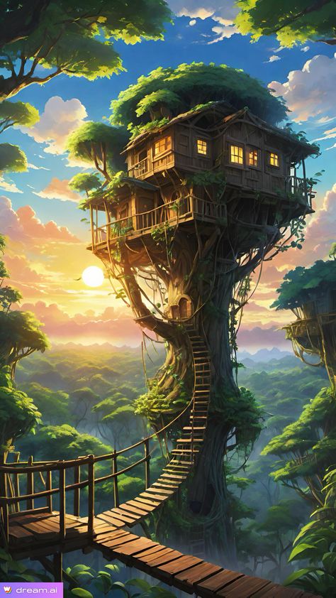 House Near Waterfall, Dungeons And Dragons Halloween, Fantasy Treehouse, 2024 Wallpaper, Anime House, Board Wallpaper, Fantasy Tree, Building Images, Fantasy Beasts