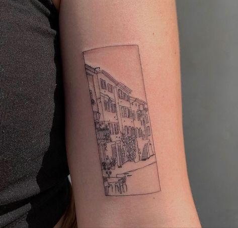 Cool Placement For Tattoos, City Outline Tattoo, Architecture Sketch Tattoo, London Tattoo Artist, Paris Inspired Tattoos, House Outline Tattoo, Balcony Tattoo, Art Gallery Tattoo, Germany Tattoo Ideas