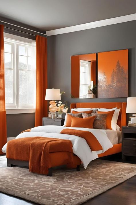 Orange White Bedroom, Grey And Orange Bedroom, Orange And Grey Bedroom, Burnt Orange Bedroom Ideas, Grey Curtains Bedroom, Orange Bedroom Ideas, Burnt Orange Bedroom, Fresh Room, Dark Gray Bedroom