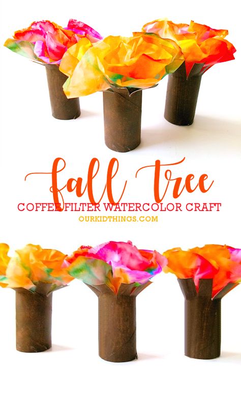 Coffee Filter Watercolor Fall Tree Craft Fall Crafts With Coffee Filters, Fall Coffee Filter Crafts For Kids, Coffee Filter Leaf Craft, F Is For Fall Craft, Coffee Filter Trees, Coffee Filter Fall Crafts, Fall Tree Art Preschool, Group Fall Crafts, Fall Art And Craft