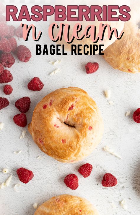 Homemade Raspberries and Cream Bagels - Cooking With Karli Cooking With Karli Bagels, Unique Bagel Flavors, Begal Recipe, Bagel Ideas Breakfast, Flavored Bagels, Breakfast Bagel Ideas, Bagels Recipe Homemade, Breakfast Bagel Recipe, Bagel Flavors