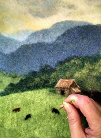 Needle felted landscape Felt Landscapes, 2d Felting, Felted Landscapes, Felting Pictures, Painting With Wool, Tovad Ull, Felted Pictures, Felt Painting, Wool Painting