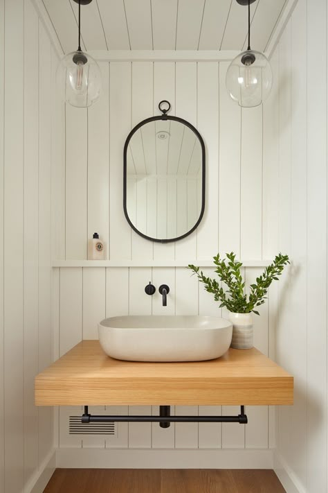 Farmhouse Powder Room, Vertical Shiplap, Mirror Interior Design, Powder Room Sink, Shiplap Wall, Glenwood Springs, Powder Room Design, Cottage Bathroom, Wall Bathroom