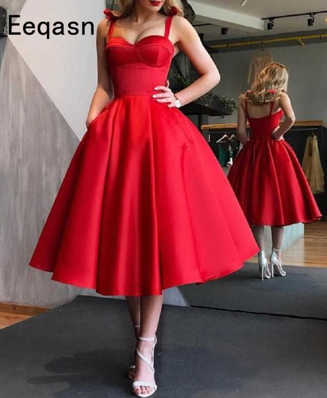 Vestido retro de los 50s para mujer, de 30 verano, sin hombros, cuello bote, swing, rockabilly, vestidos pinup de talla grande, vestido de fiesta|vestido talla plus|vestido plus tamañovestido de tamaño - AliExpress Tea Length Prom Dress, Short Red Prom Dresses, Tea Length Bridesmaid Dresses, Satin Ball Gown, Prom Dresses With Pockets, Pnina Tornai, Red Homecoming Dresses, Short Prom Dress, Vestidos Vintage