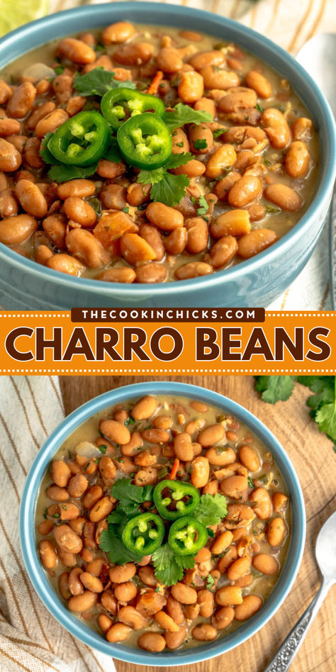 Charro Beans, also known as Frijoles Charros, are pinto beans cooked in a flavor packed broth with bacon, onion, garlic, tomatoes, and more! The perfect dish to add to any Mexican meal! You can cook these Mexican Charro Beans on the stove-top, using a slow cooker, or via Instant Pot. Charro Beans Mexican Stove Top, Pressure Cooker Charro Beans, Charro Bean Recipe, Easy Charro Beans With Canned Beans, Charro Beans With Canned Beans, Charo Beans Mexican, Meals With Pinto Beans, Charro Beans Stovetop, Charro Beans Instant Pot