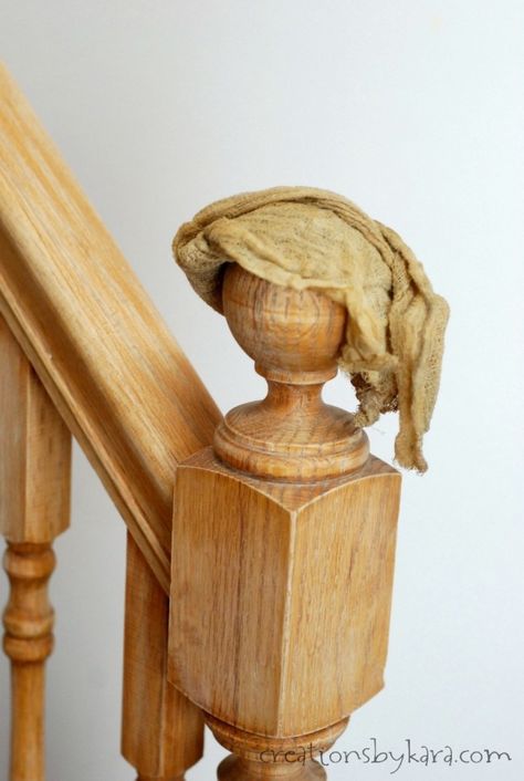 Paint Railings For Stairs, Diy Stain Stair Railing, Stained Bannister Ideas, Oak Railing Makeover, Staining Banisters Railings, Staining Wood Banister, Painted Oak Railings For Stairs, Stripping Banister, Restaining Wood Stair Railing