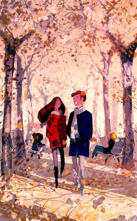 Just a like a walk in the park. by PascalCampion Pascal Campion, Joyful Life, Winter Illustration, Couple Illustration, Cute Couple Wallpaper, Walk In The Park, Cute Love Cartoons, Love Illustration, Cute Couple Art