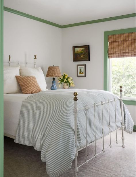 Green Trim White Walls, Best Paint For Trim, Katie Davis Design, Interesting Flooring, Katie Davis, Fine Paints Of Europe, Trim Paint Color, Yellow Decorative Pillows, Cozy Sleep