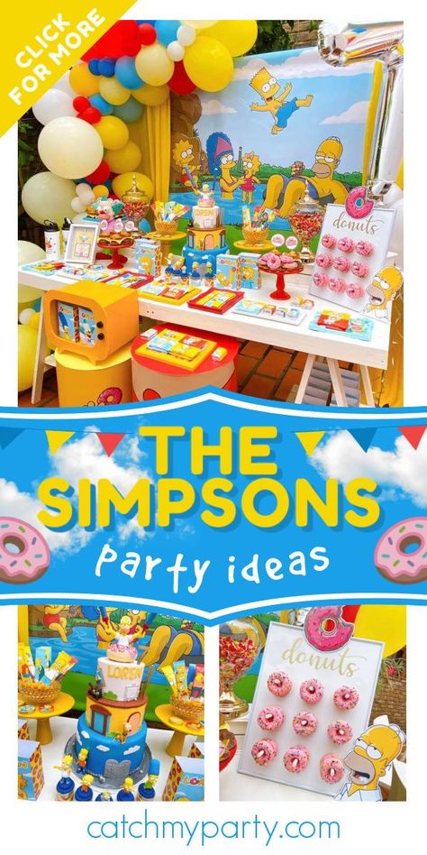 Simpsons Birthday Party Games, Simpson Party Decorations, The Simpsons Birthday Party, Simpsons Themed Birthday Party, Simpsons Party Ideas, The Simpsons Party Ideas, Simpson Birthday Party Ideas, Simpson Party Ideas, Simpsons Party Decorations