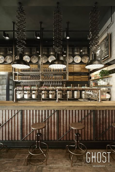 Kitchen Hood Ideas, Hood Ideas, Brewery Design, Industrial Cafe, Industrial Restaurant, Kitchen Hood, Design Café, Rustic Restaurant, Bar Interior Design