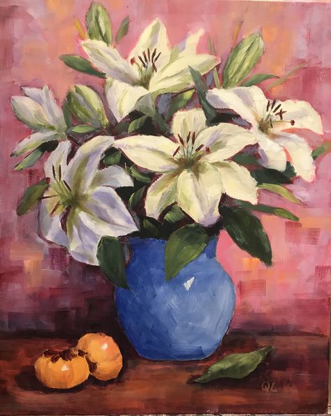 Painting Of Lily Flower, Lilies In A Vase, Painting Of Lilies, Lilies Painting Acrylic, Flower Vase Painting Acrylic, Lily Painting Acrylic, Painted Lilies, Lillies Painting, Lily Flower Painting