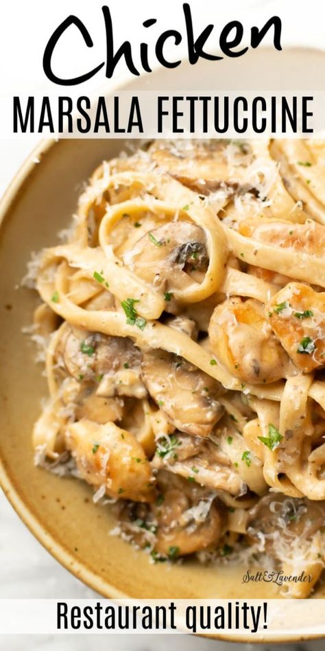 This restaurant-style chicken marsala fettuccine recipe is an easy way to upgrade pasta night! It has tender chicken and a creamy mushroom sauce. Healthy Dinner Mushrooms, Marsala Chicken Pasta, Chicken Over Pasta Recipes, Creamy Marsala Chicken, Chicken Marsala Recipes Best, Chicken Marsala With Pasta, Italian Chicken Dishes Recipes, Chicken Marsala Sides, Delicious Pasta Dishes