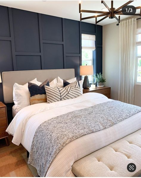 Horizontal Accent Wall Bedroom, Slate Bedroom Ideas, Design Wall In Bedroom, Smokey Blue Accent Wall Bedroom, Bedroom Accent Walls With Windows, Bedroom Contrast Wall, Accent Wall With One Window, Slate Accent Wall Bedroom, Main Bedroom Accent Wall Ideas