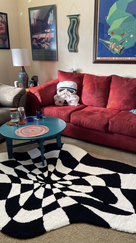 Funky Room Aesthetic, Funky Room, Funky Aesthetic, Black And White Rug, Funky Rugs, Deco Studio, Funky Decor, Apartment Aesthetic, Room Deco