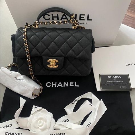 Flap with Mini Rectangle Caviar Top Handle Black Cross Body Bag Chanel Flap Bag With Top Handle, Chanel Small Flap Bag With Top Handle, Chanel Mini Flap Bag With Top Handle, Chanel Bag Top Handle, Chanel Top Handle Bag Outfit, Chanel Mini Top Handle, Mini Chanel Bag, Chanel Black Bag, Chanel Top Handle Bag