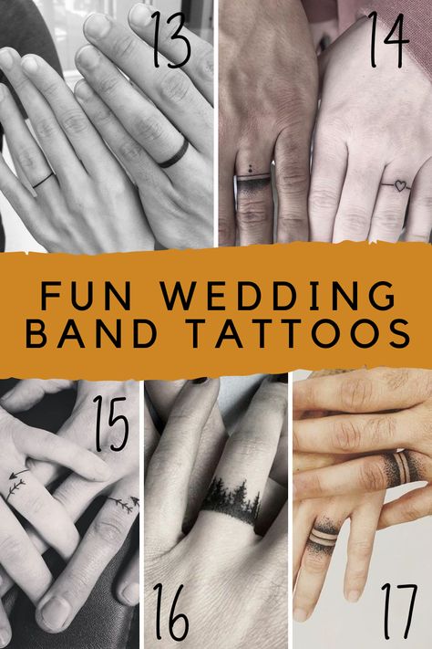 21 Wedding Band Tattoo Ideas (Instead Of A Ring!) - TattooGlee Wedding Finger Tattoos Marriage, Matching Wedding Band Tattoo Couple, Man Tattoo Wedding Band, Matching Tattoo Rings For Couples, Men Tattoo Wedding Ring, Couples Tattoo Rings, Tattoo On Wedding Finger, Mens Tattoo Ring Wedding Bands, Engagement Ring Tattoo Ideas