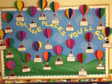 Hot Air Balloon Classroom Theme, Birthday Board Classroom, Dr Seuss Classroom, Seuss Classroom, Seuss Crafts, Preschool Bulletin, Classroom Birthday, Classroom Board, Preschool Graduation