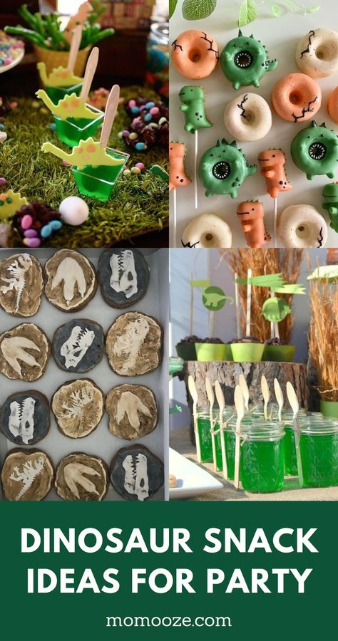 Dinosaur snacks Dinosaurs Party Food, Dinosaur Sprinkle Party, Easy Dinosaur Dessert, Food For Dinosaur Party, Dino Party Appetizers, Dinosaur Themed Meals, Dinosaur Eggs Food, Diy Dinosaur Cookies, Prehistoric Party Food