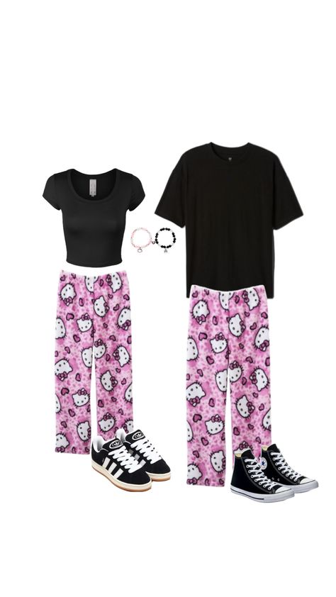 Hello kitty pj pants, black t-shirts, converse, adidas campus 00s, matching bracelets Matching Pajama Pants For Couples, Goth Matching Outfits, Matching Bf Gf Outfits, Matching Hello Kitty Outfits, Matching Emo Outfits, Partner Outfit Couple, Cute Couple Outfits Casual, Friends Pjs, Cute Matching Outfits For Couples