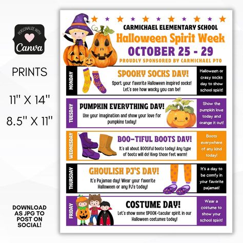 Halloween School Spirit Week Itinerary – Simple Desert Designs Halloween Theme Spirit Week, Theme Week Ideas For Work, Halloween Spirt Week Ideas School, Halloween Spirit Week Ideas For Preschool, October Spirit Week Ideas Preschool, Halloween Theme Week, Movie Spirit Week Ideas, Fall Spirit Week Ideas For Workplace, Halloween Spirit Week Ideas For Daycare